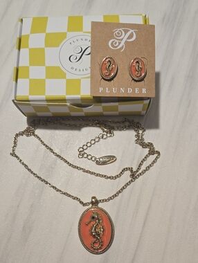 Plunder Gold-Tone Coral Seahorse Necklace & Stud Earrings Set